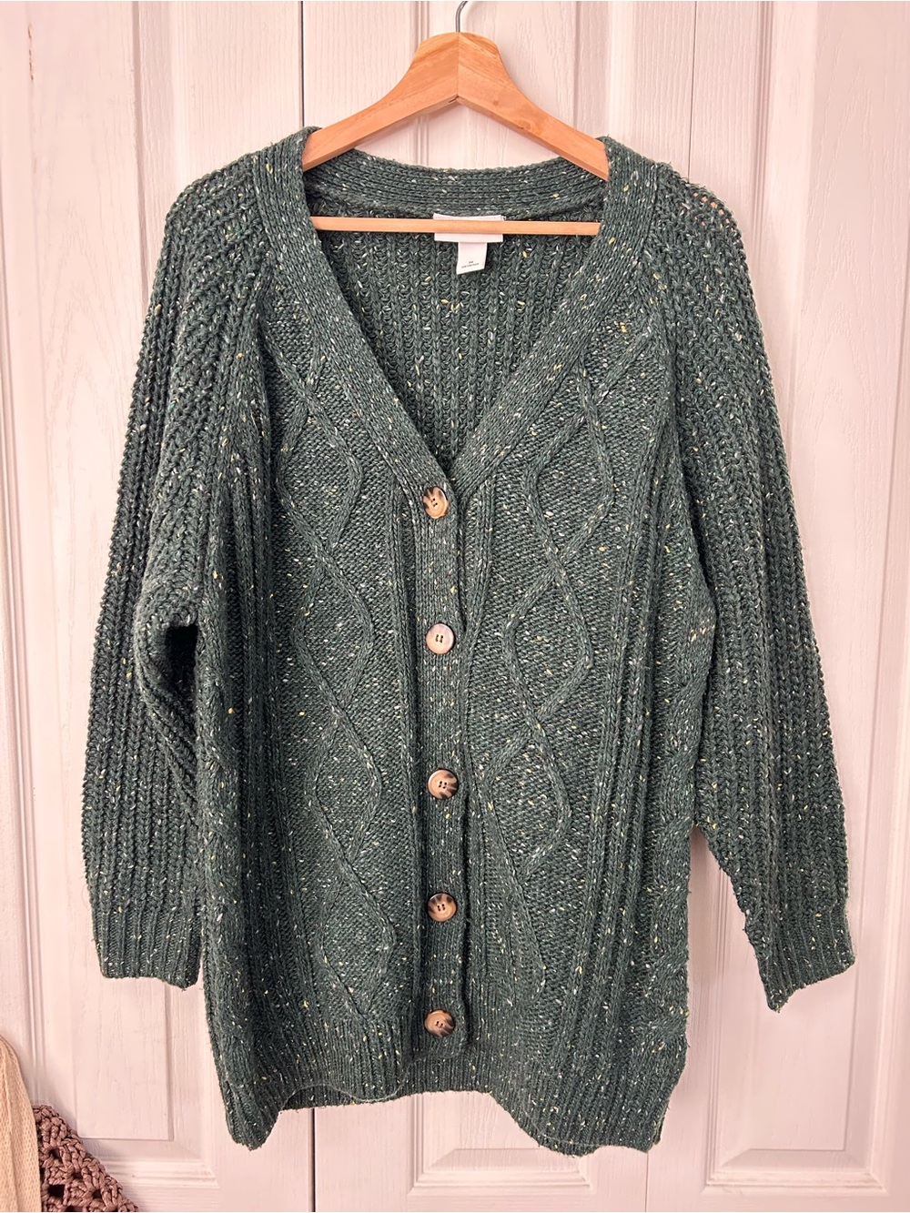 Monki Dark Green Cable Knit Button-Front Cardigan